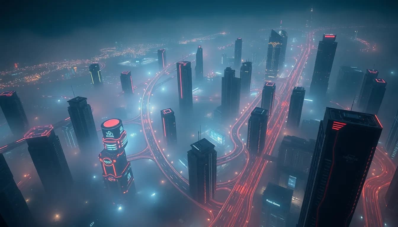 Aerial sci-fi megacity at night with neon highways, atmospheric fog, highly detailed concept art