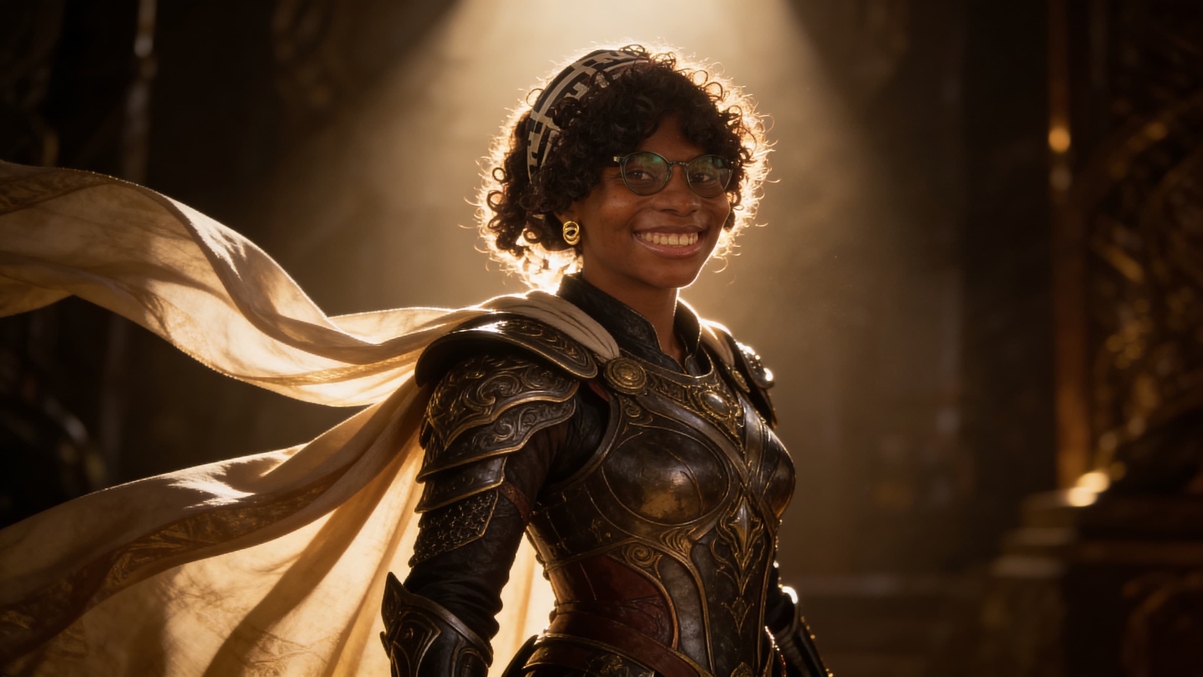 A heroic fantasy character poster, dramatic backlight, flowing fabric, intricate armor details, cinematic atmosphere, richly textured environment, blockbuster movie poster realism