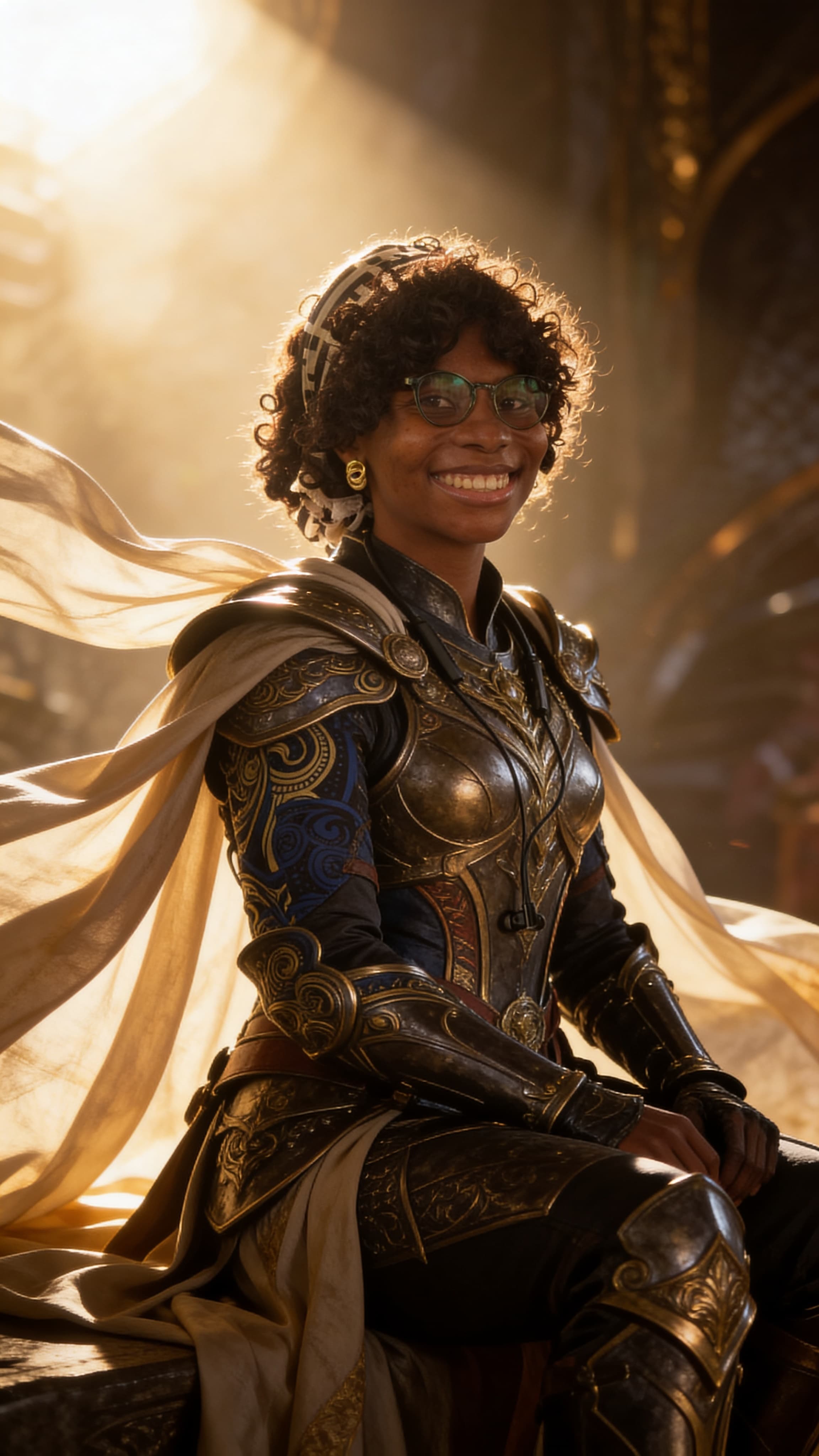 A heroic fantasy character poster, dramatic backlight, flowing fabric, intricate armor details, cinematic atmosphere, richly textured environment, blockbuster movie poster realism