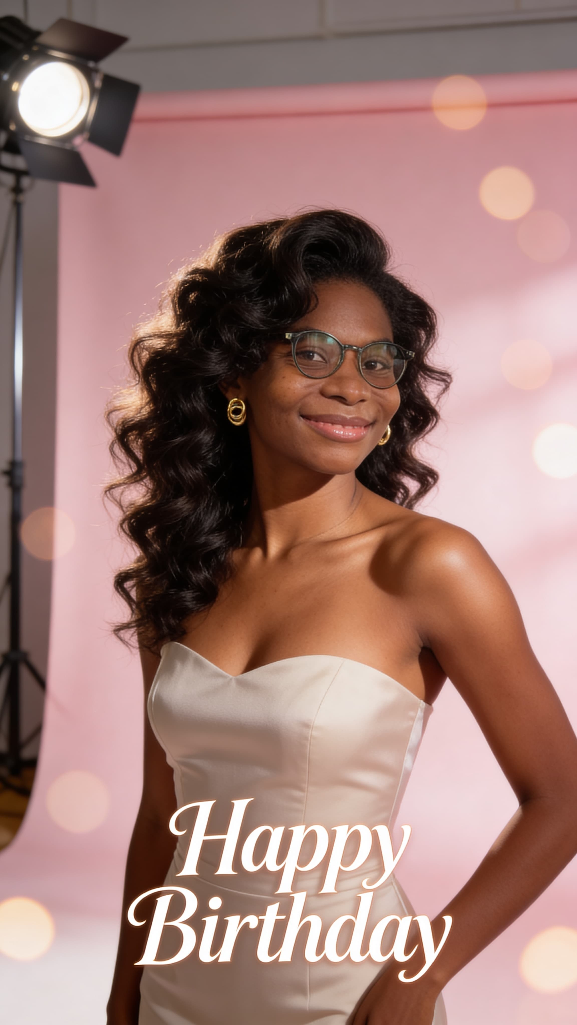 Using the provided image as reference, transform this image into a stunning birthday studio portrait of the beautiful young woman.
Maintain the facial identity (do not change facial identity).
Style the hair to be elegant and voluminous (soft curls or sleek straight), well-groomed and polished.
Outfit: classy and glamorous birthday outfit — a fitted elegant dress, flattering and stylish.
Pose: confident, feminine, and graceful, slight smile, relaxed shoulders, studio pose.
Lighting: professional studio lighting (softbox lighting, balanced highlights and shadows, clean glow on skin).
Background: clean studio backdrop (white, beige, pastel pink, or soft gradient), and soft bokeh lights.
Add birthday vibe subtly: maybe "Happy Birthday" text in elegant typography (not too busy).
Style: ultra-realistic, high-resolution, sharp focus, premium portrait photography, DSLR quality, 85mm lens look, shallow depth of field.
Ensure the result looks natural, classy, and not over-edited.