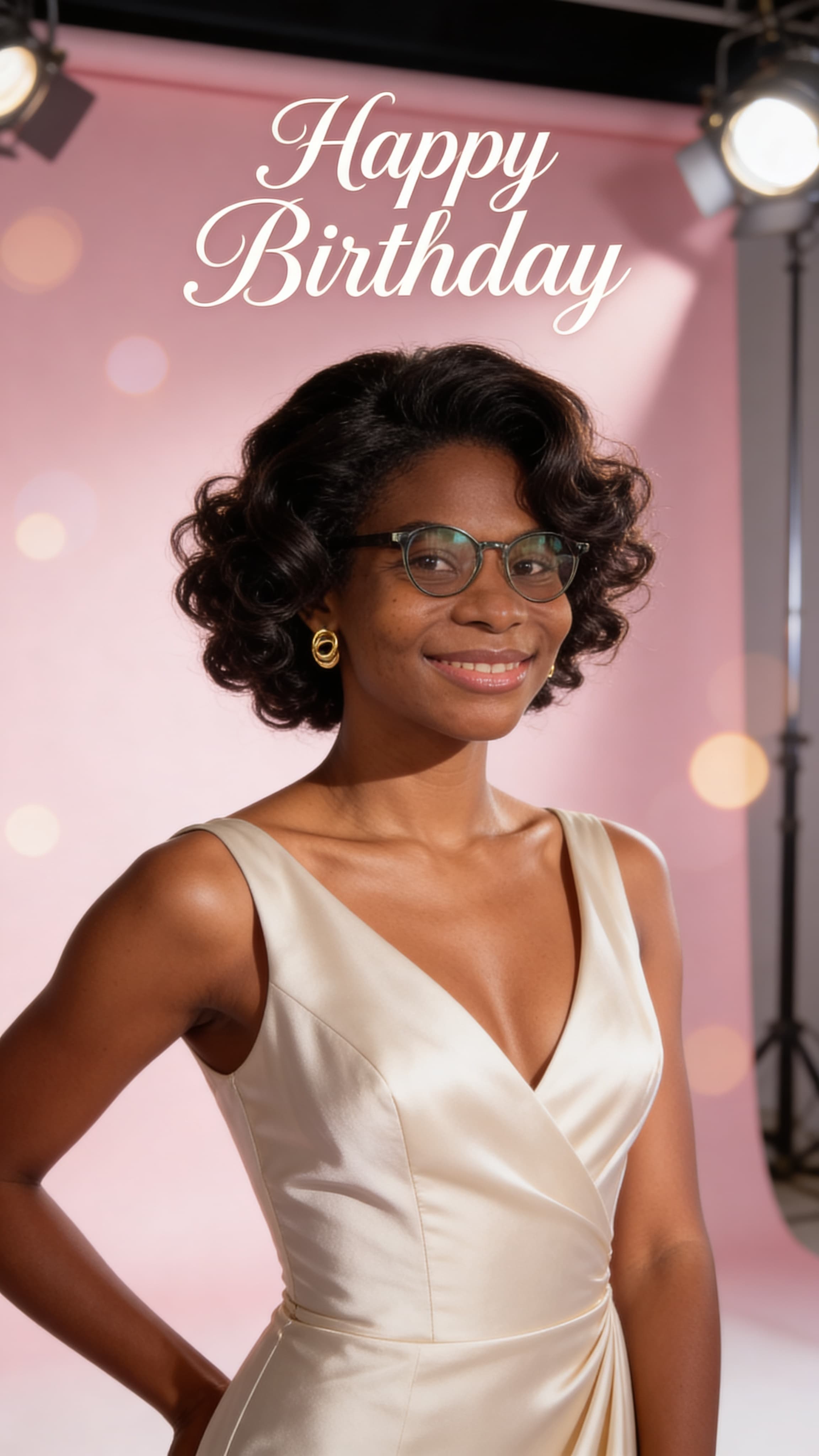 Using the provided image as reference, transform this image into a stunning birthday studio portrait of the beautiful young woman.
Maintain the facial identity (do not change facial identity).
Style the hair to be elegant and voluminous (soft curls or sleek straight), well-groomed and polished.
Outfit: classy and glamorous birthday outfit — a fitted elegant dress, flattering and stylish.
Pose: confident, feminine, and graceful, slight smile, relaxed shoulders, studio pose.
Lighting: professional studio lighting (softbox lighting, balanced highlights and shadows, clean glow on skin).
Background: clean studio backdrop (white, beige, pastel pink, or soft gradient), and soft bokeh lights.
Add birthday vibe subtly: maybe "Happy Birthday" text in elegant typography (not too busy).
Style: ultra-realistic, high-resolution, sharp focus, premium portrait photography, DSLR quality, 85mm lens look, shallow depth of field.
Ensure the result looks natural, classy, and not over-edited.
