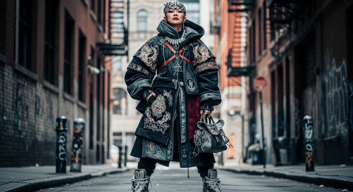 A high-fashion streetwear editorial shot in an urban setting, confident pose, moody natural light, crisp textures, shallow depth of field, premium magazine styling, authentic luxury fashion campaign